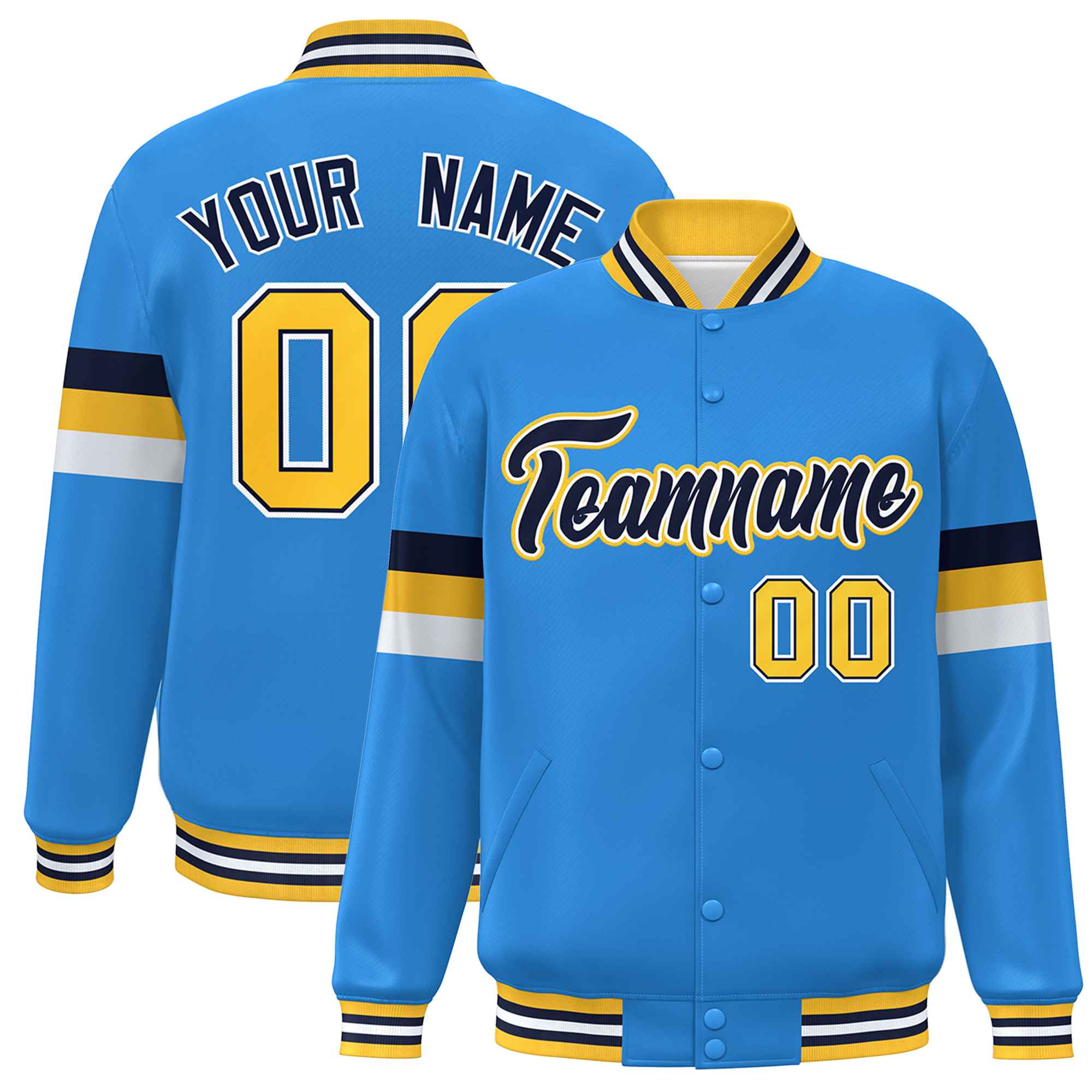 Custom Powder Blue Navy-Gold Color Block Bomber Varsity Full-Snap Baseball Jacket