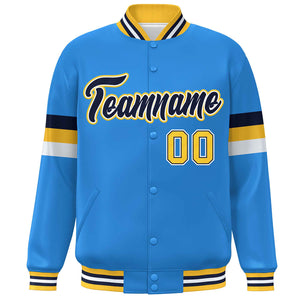 Custom Powder Blue Navy-Gold Color Block Bomber Varsity Full-Snap Baseball Jacket