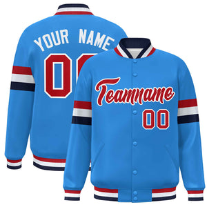 Custom Powder Blue Red-White Color Block Bomber Varsity Full-Snap Baseball Jacket