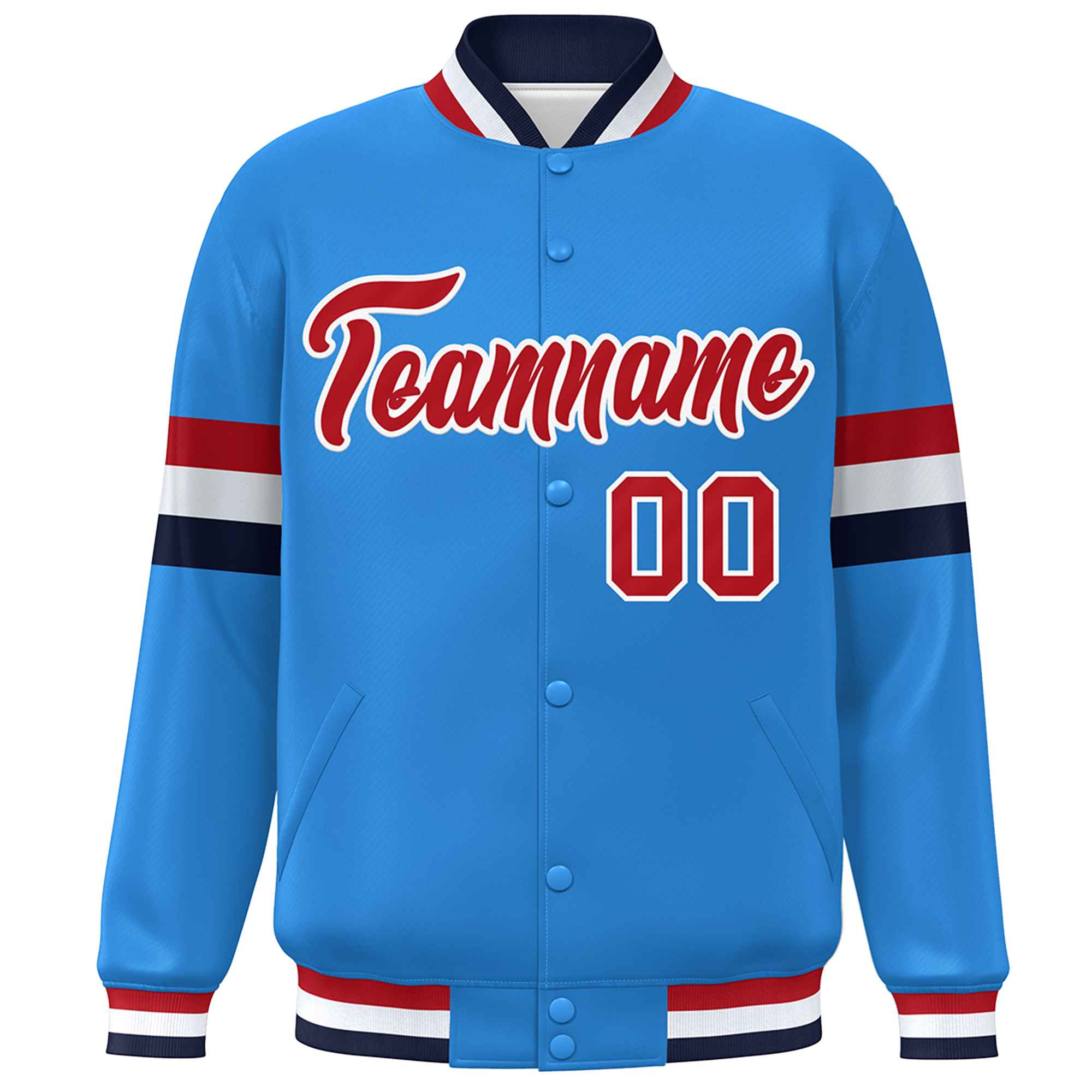 Custom Powder Blue Red-White Color Block Bomber Varsity Full-Snap Baseball Jacket