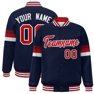 Custom Navy Red-White Color Block Bomber Varsity Full-Snap Baseball Jacket