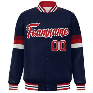 Custom Navy Red-White Color Block Bomber Varsity Full-Snap Baseball Jacket