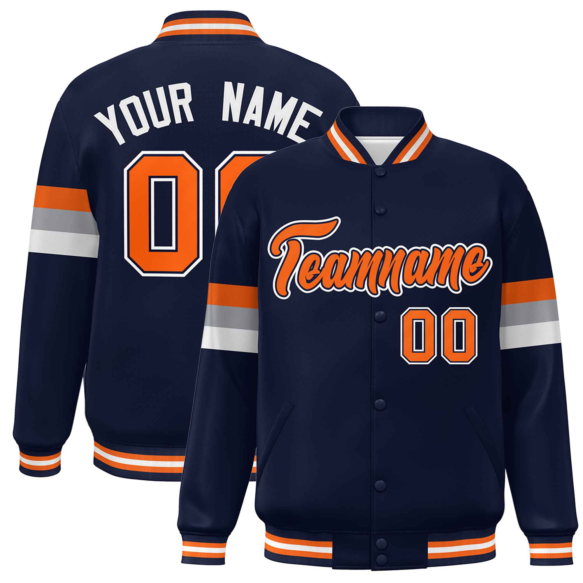 Custom Navy Orange-White Color Block Bomber Varsity Full-Snap Baseball Jacket