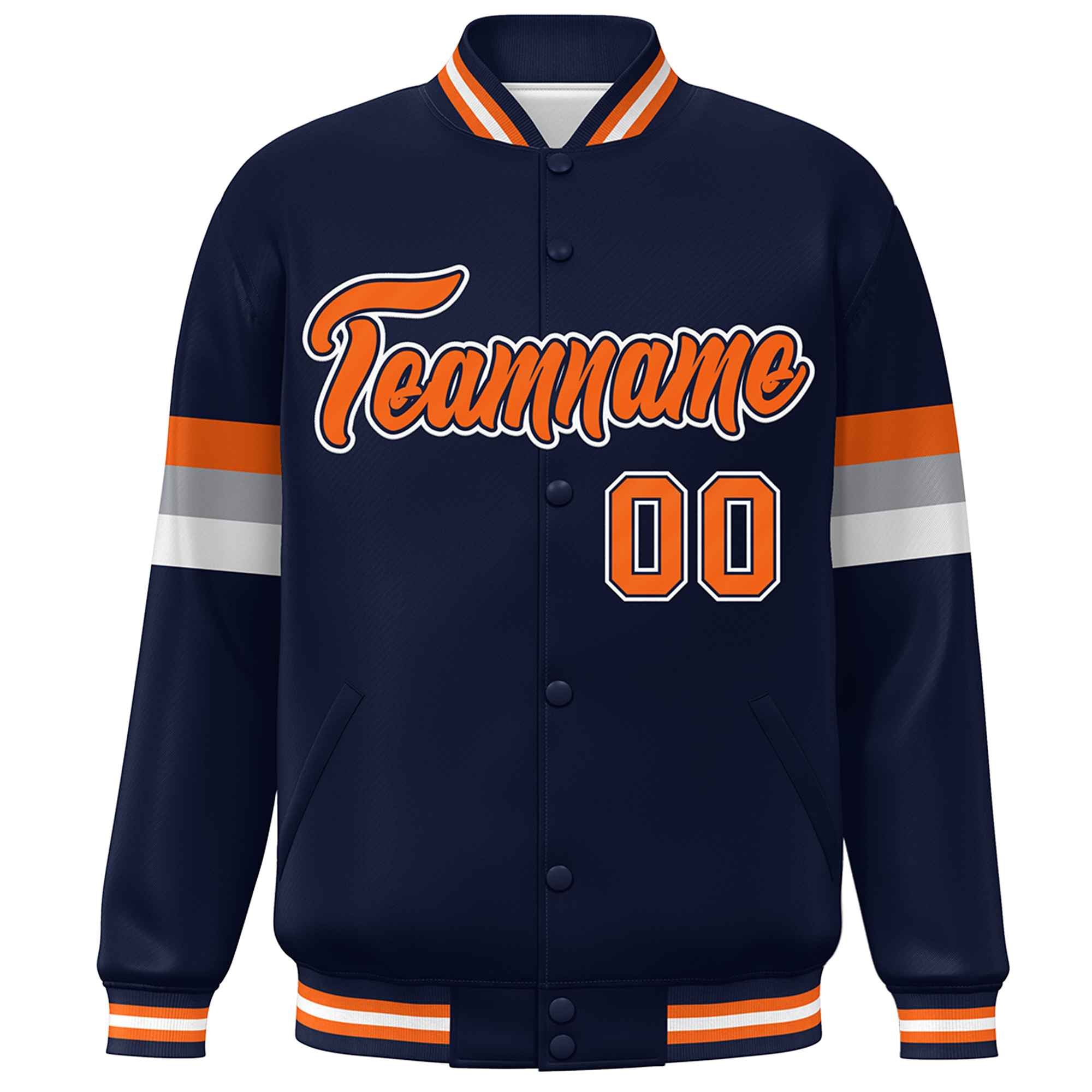 Custom Navy Orange-White Color Block Bomber Varsity Full-Snap Baseball Jacket