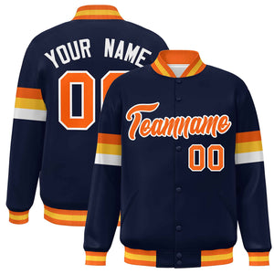 Custom Navy Orange-White Color Block Bomber Varsity Full-Snap Baseball Jacket