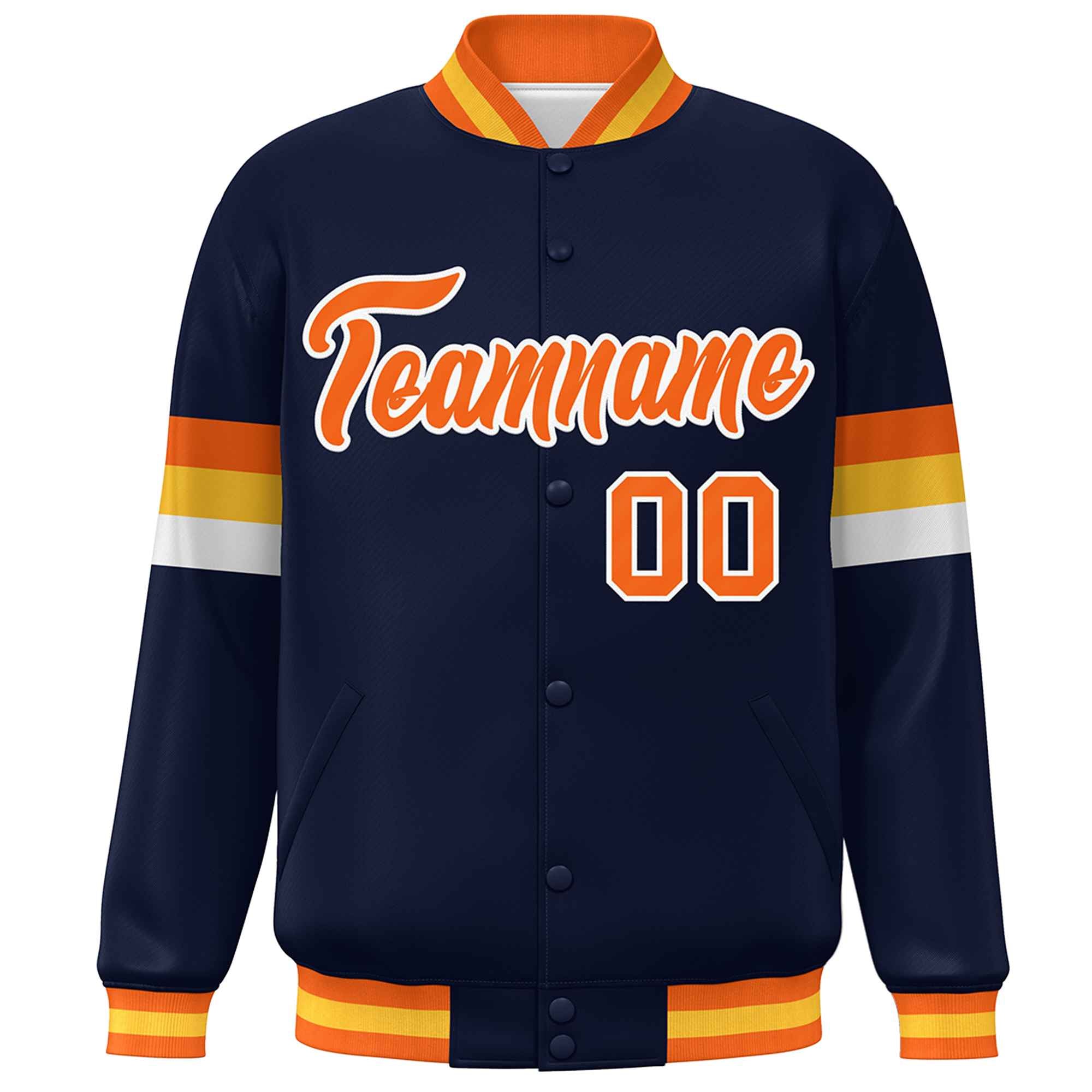 Custom Navy Orange-White Color Block Bomber Varsity Full-Snap Baseball Jacket