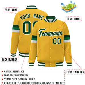 Custom Gold Green-White Color Block Bomber Varsity Full-Snap Baseball Jacket