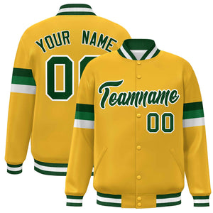 Custom Gold Green-White Color Block Bomber Varsity Full-Snap Baseball Jacket