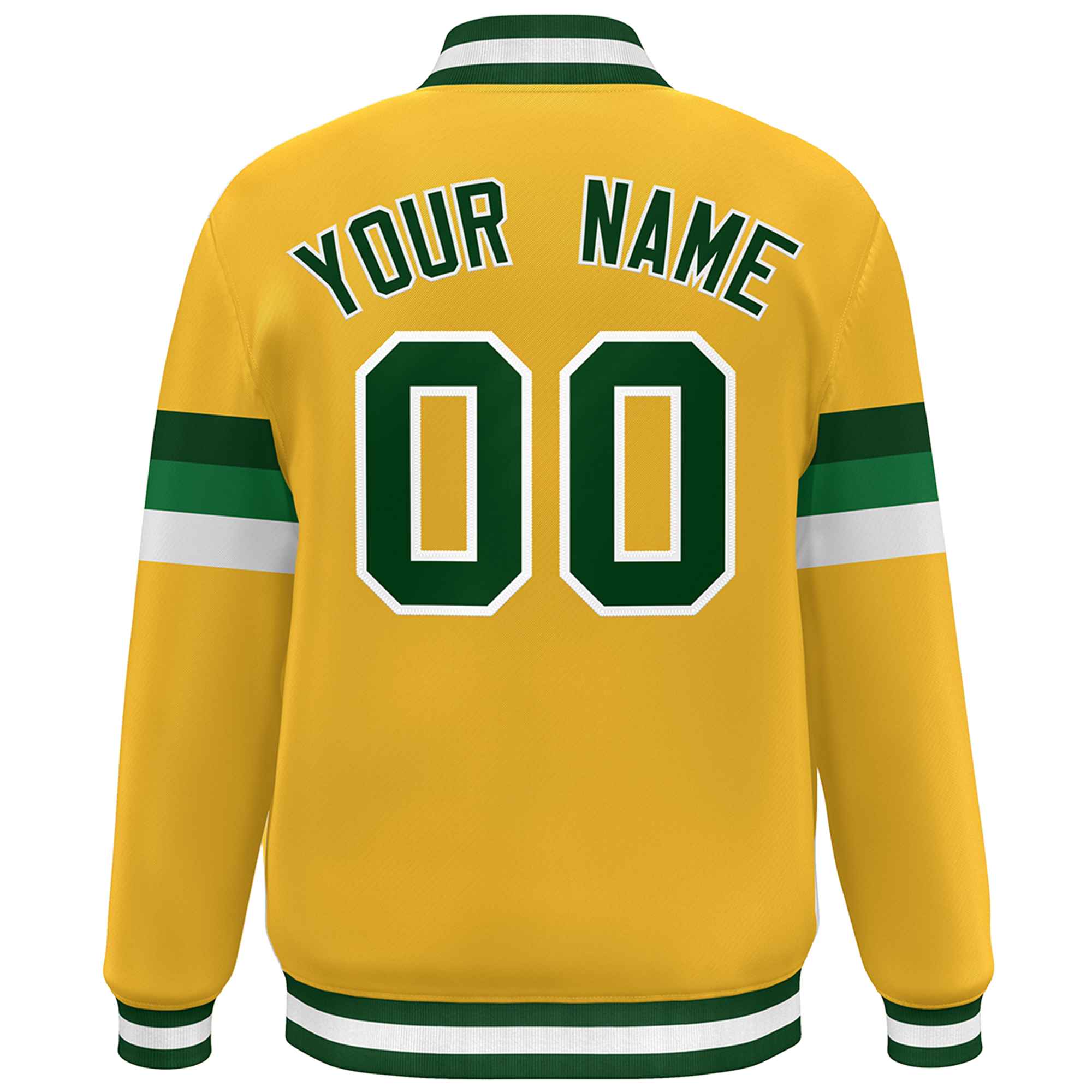 Custom Gold Green-White Color Block Bomber Varsity Full-Snap Baseball Jacket