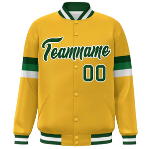 Custom Gold Green-White Color Block Bomber Varsity Full-Snap Baseball Jacket