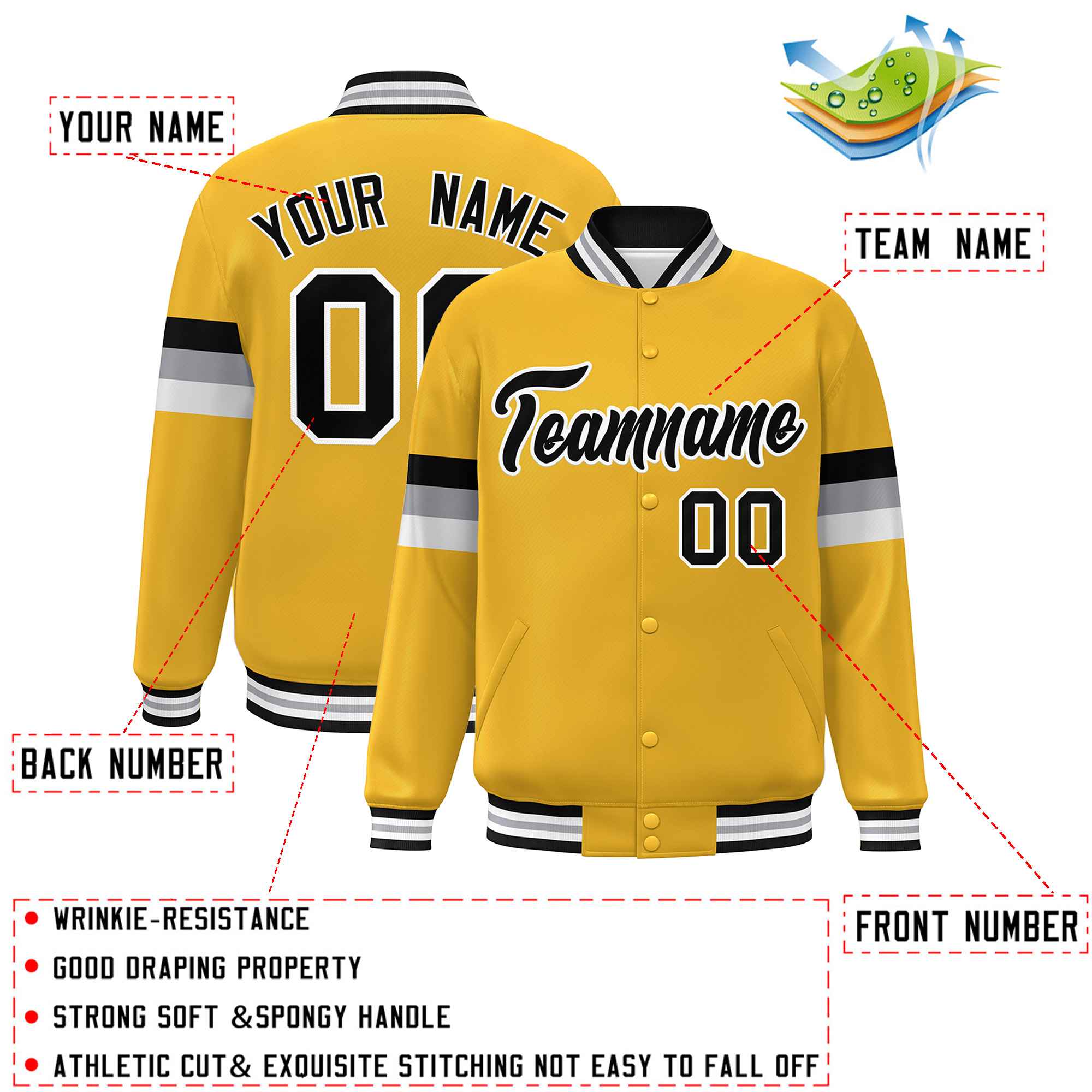 Custom Gold Black-White Color Block Bomber Varsity Full-Snap Baseball Jacket