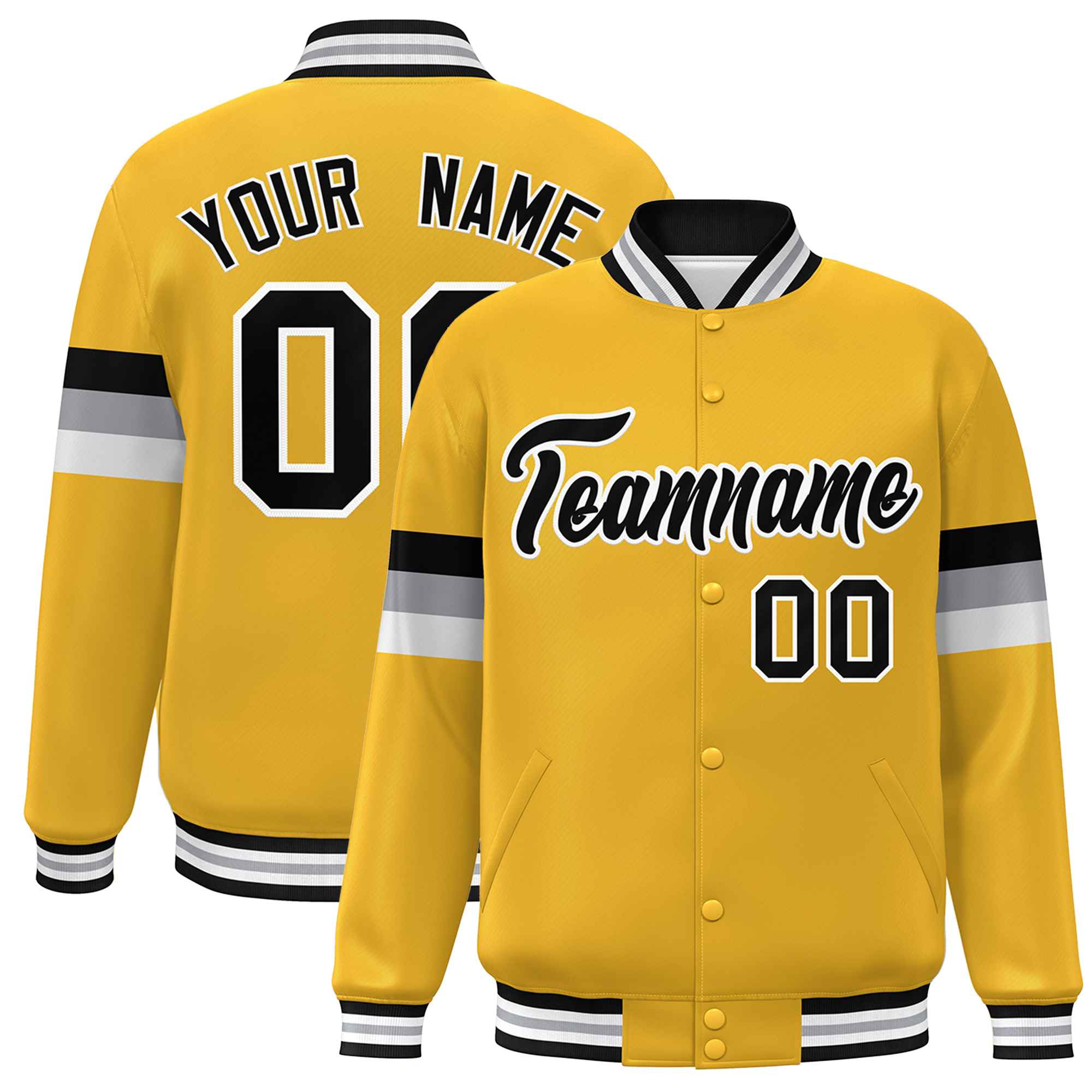 Custom Gold Black-White Color Block Bomber Varsity Full-Snap Baseball Jacket