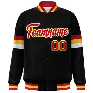 Custom Black Red-Gold Color Block Bomber Varsity Full-Snap Baseball Jacket