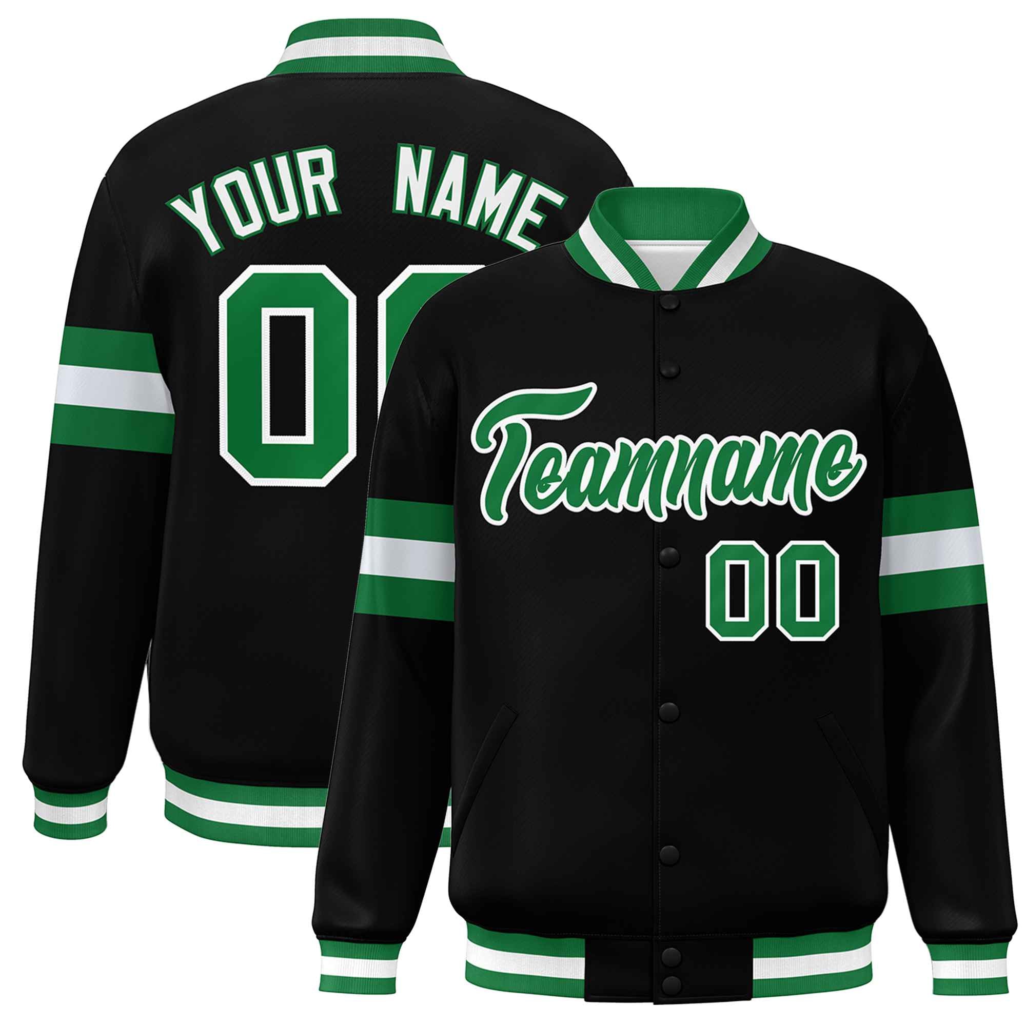 Custom Black Kelly Green-White Color Block Bomber Varsity Full-Snap Baseball Jacket