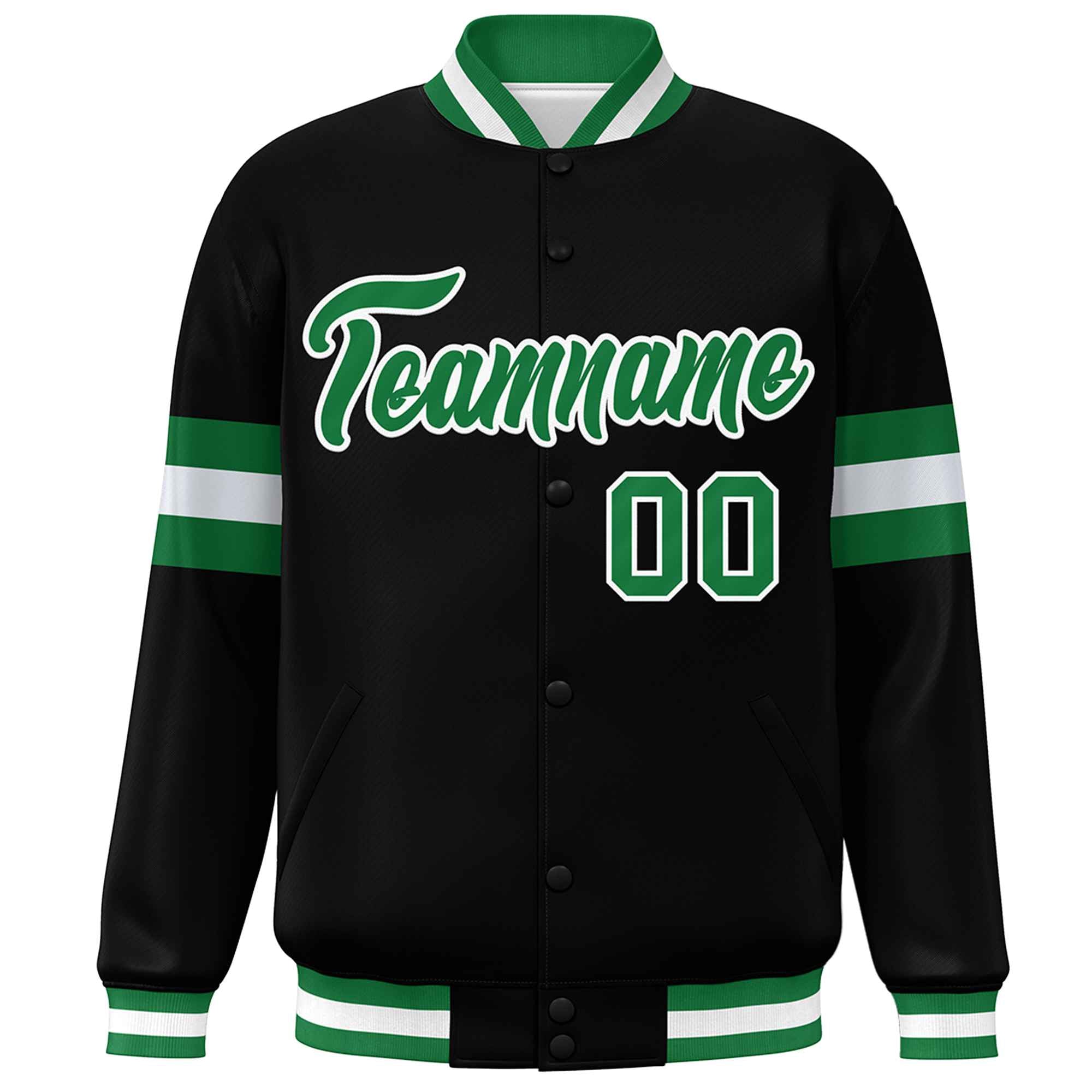 Custom Black Kelly Green-White Color Block Bomber Varsity Full-Snap Baseball Jacket