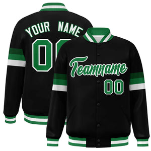 Custom Black Kelly Green-White Color Block Bomber Varsity Full-Snap Baseball Jacket