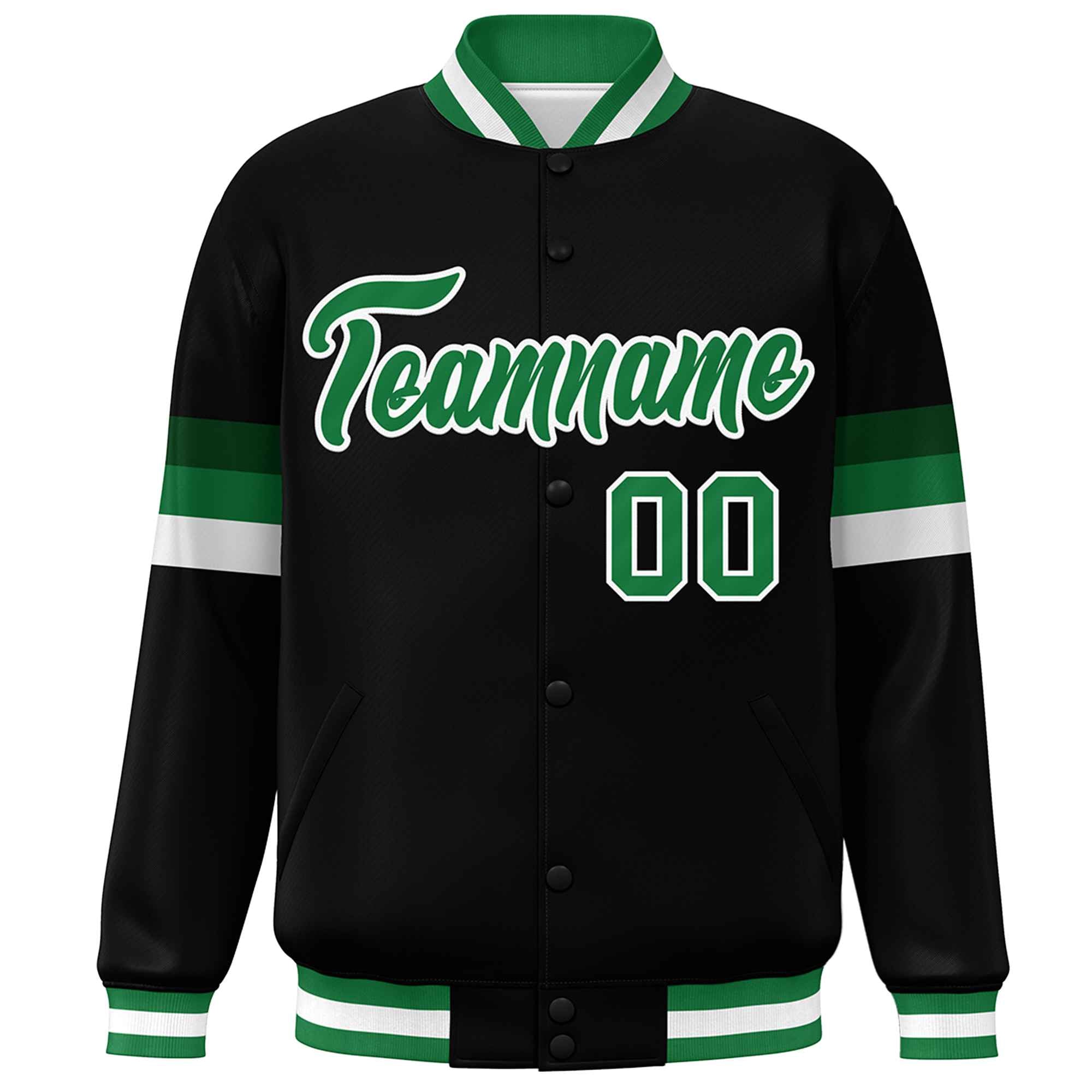 Custom Black Kelly Green-White Color Block Bomber Varsity Full-Snap Baseball Jacket