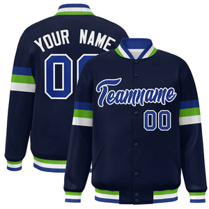 Custom Navy Royal-White Color Block Bomber Varsity Full-Snap Baseball Jacket