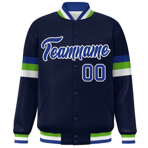 Custom Navy Royal-White Color Block Bomber Varsity Full-Snap Baseball Jacket