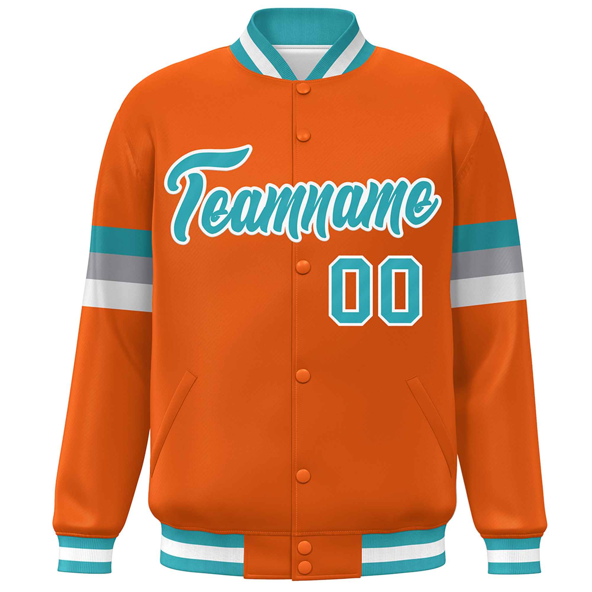 Custom Orange Aqua-White Color Block Bomber Varsity Full-Snap Baseball Jacket