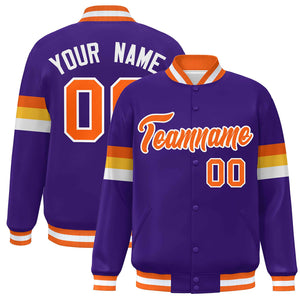 Custom Purple Orange-White Color Block Bomber Varsity Full-Snap Baseball Jacket