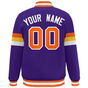 Custom Purple Orange-White Color Block Bomber Varsity Full-Snap Baseball Jacket