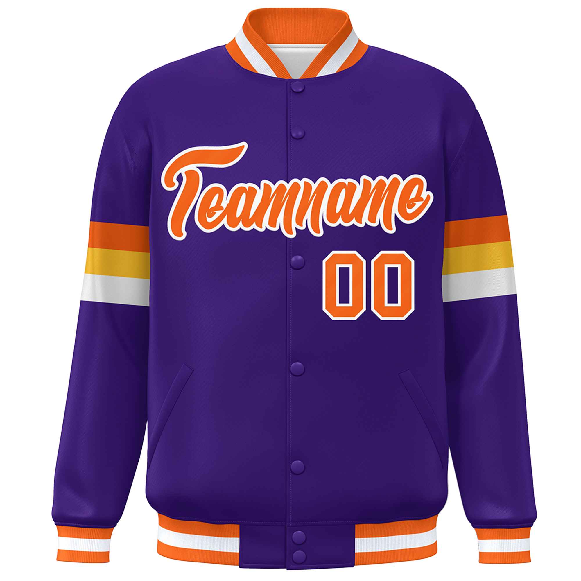 Custom Purple Orange-White Color Block Bomber Varsity Full-Snap Baseball Jacket