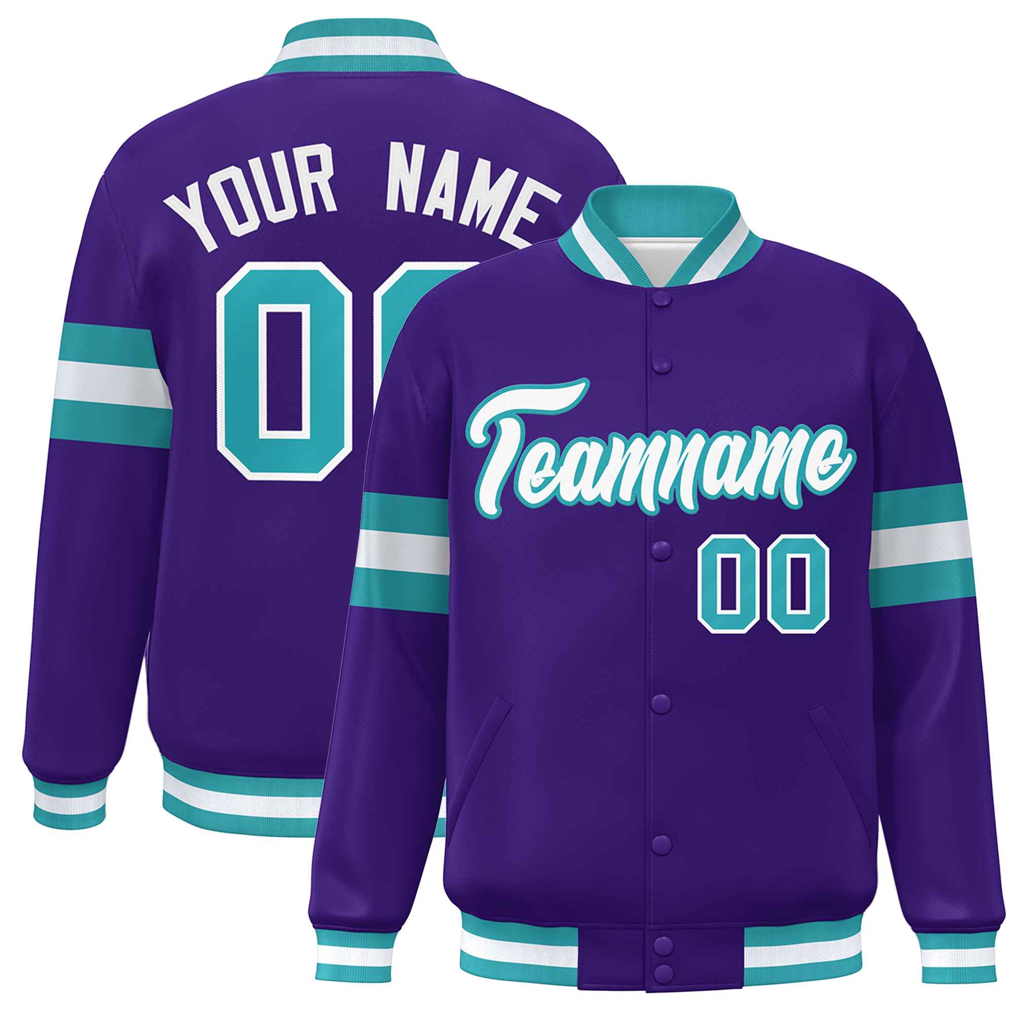 Custom Purple White-Aqua Color Block Bomber Varsity Full-Snap Baseball Jacket