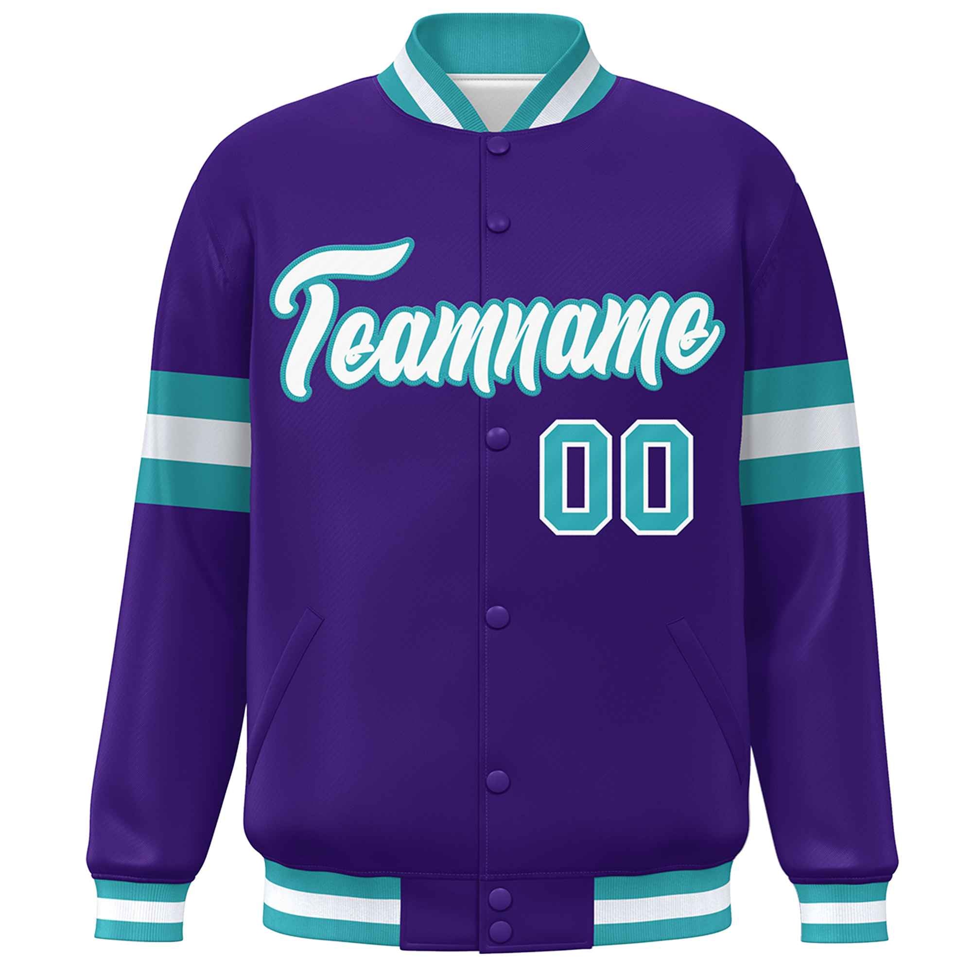 Custom Purple White-Aqua Color Block Bomber Varsity Full-Snap Baseball Jacket