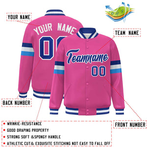 Custom Pink Royal-White Color Block Bomber Varsity Full-Snap Baseball Jacket