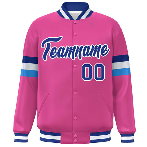 Custom Pink Royal-White Color Block Bomber Varsity Full-Snap Baseball Jacket