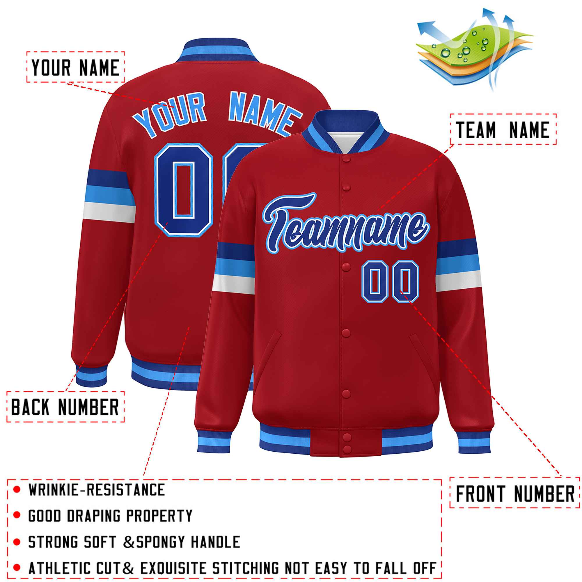 Custom Red Royal-Powder Blue Color Block Bomber Varsity Full-Snap Baseball Jacket