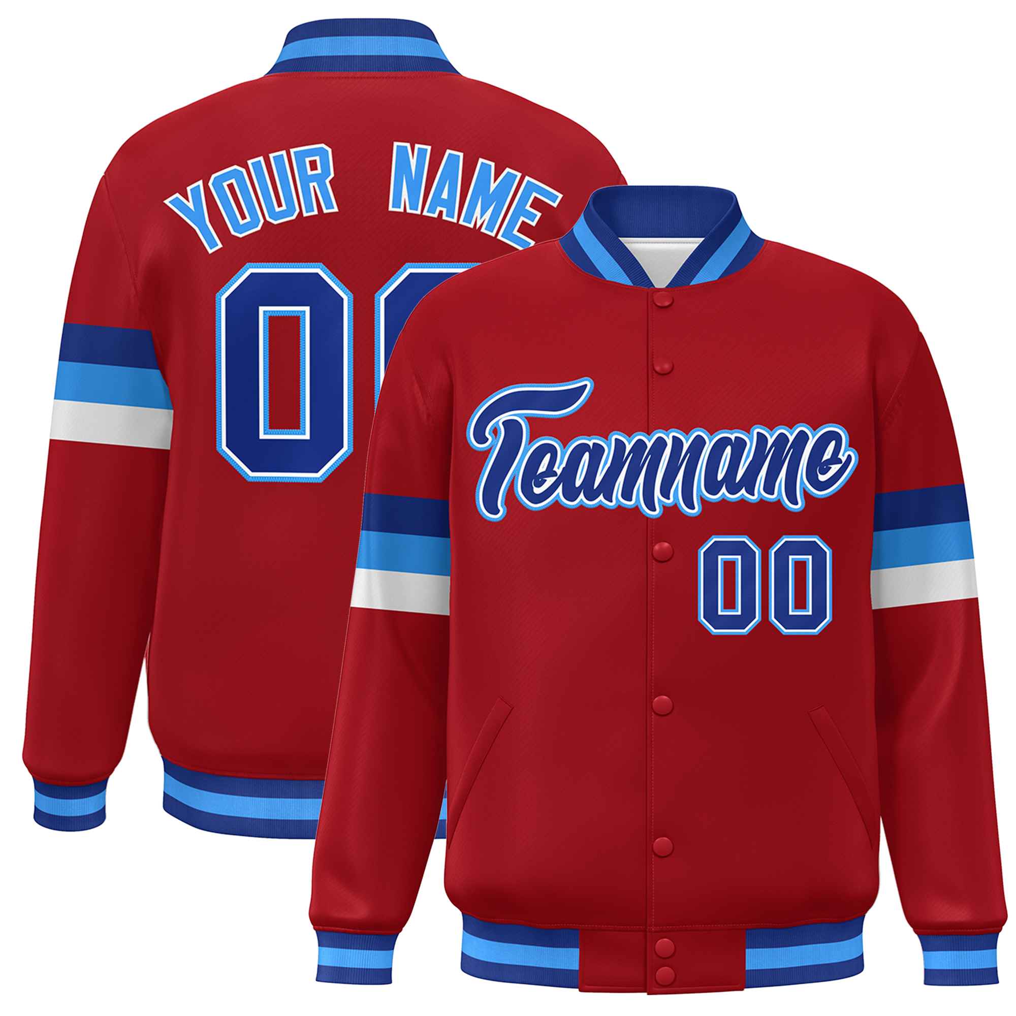 Custom Red Royal-Powder Blue Color Block Bomber Varsity Full-Snap Baseball Jacket