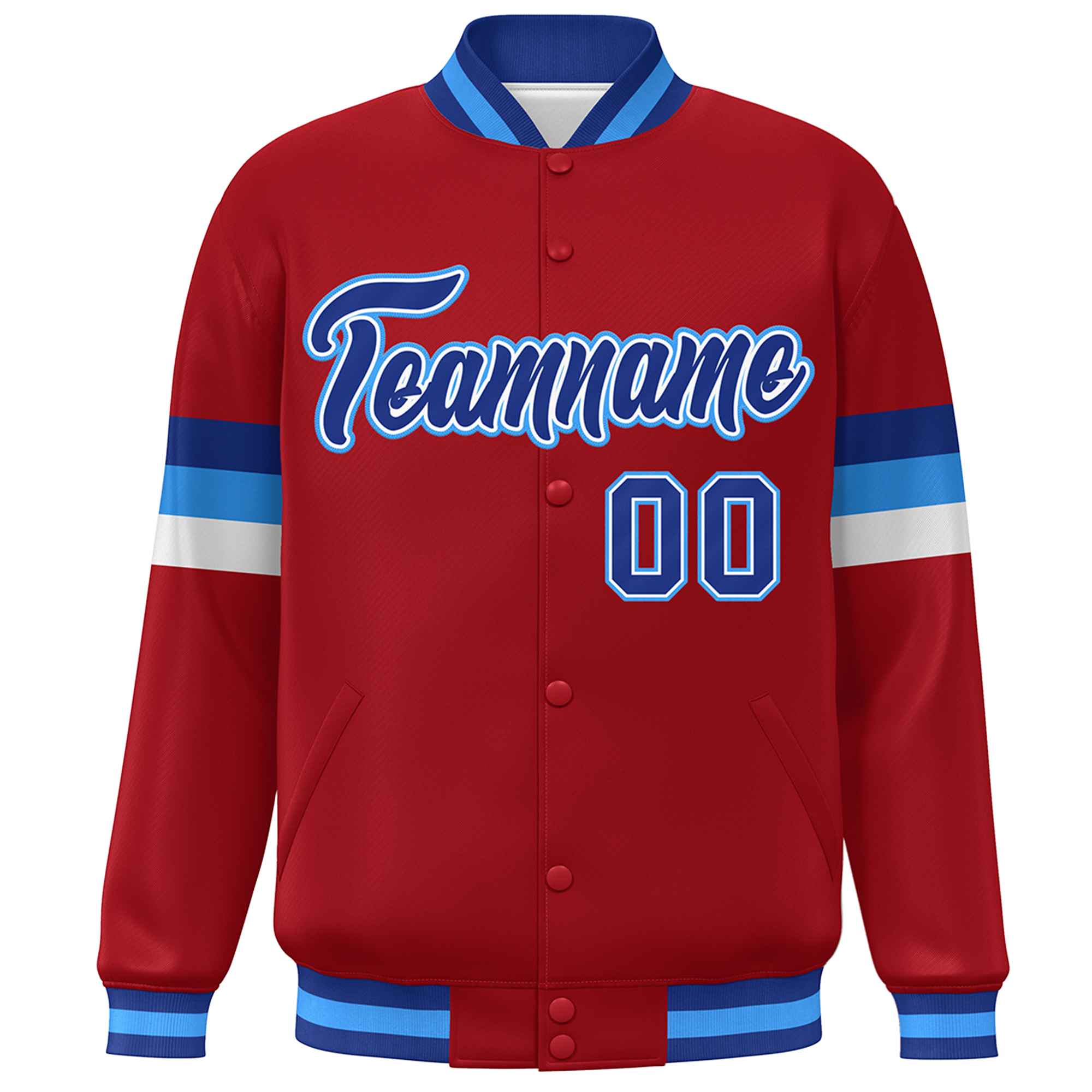 Custom Red Royal-Powder Blue Color Block Bomber Varsity Full-Snap Baseball Jacket