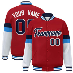 Custom Red Navy-White Color Block Bomber Varsity Full-Snap Baseball Jacket