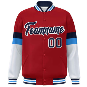 Custom Red Navy-White Color Block Bomber Varsity Full-Snap Baseball Jacket