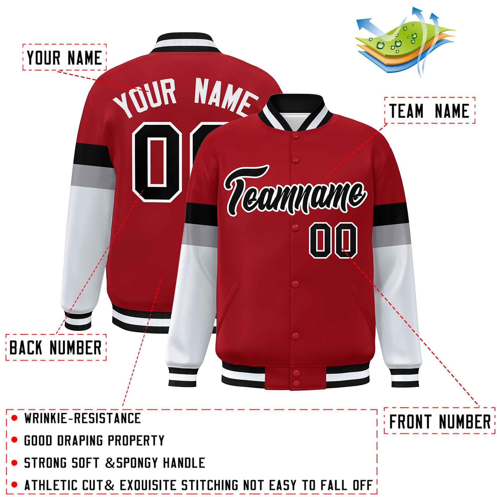 Custom Red Black-White Color Block Bomber Varsity Full-Snap Baseball Jacket