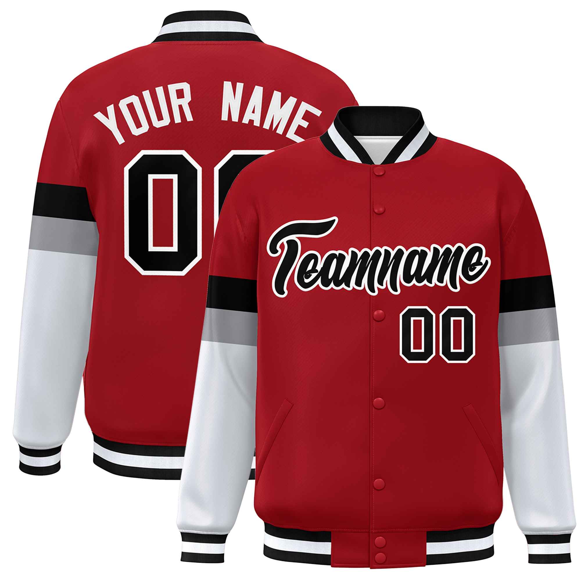 Custom Red Black-White Color Block Bomber Varsity Full-Snap Baseball Jacket