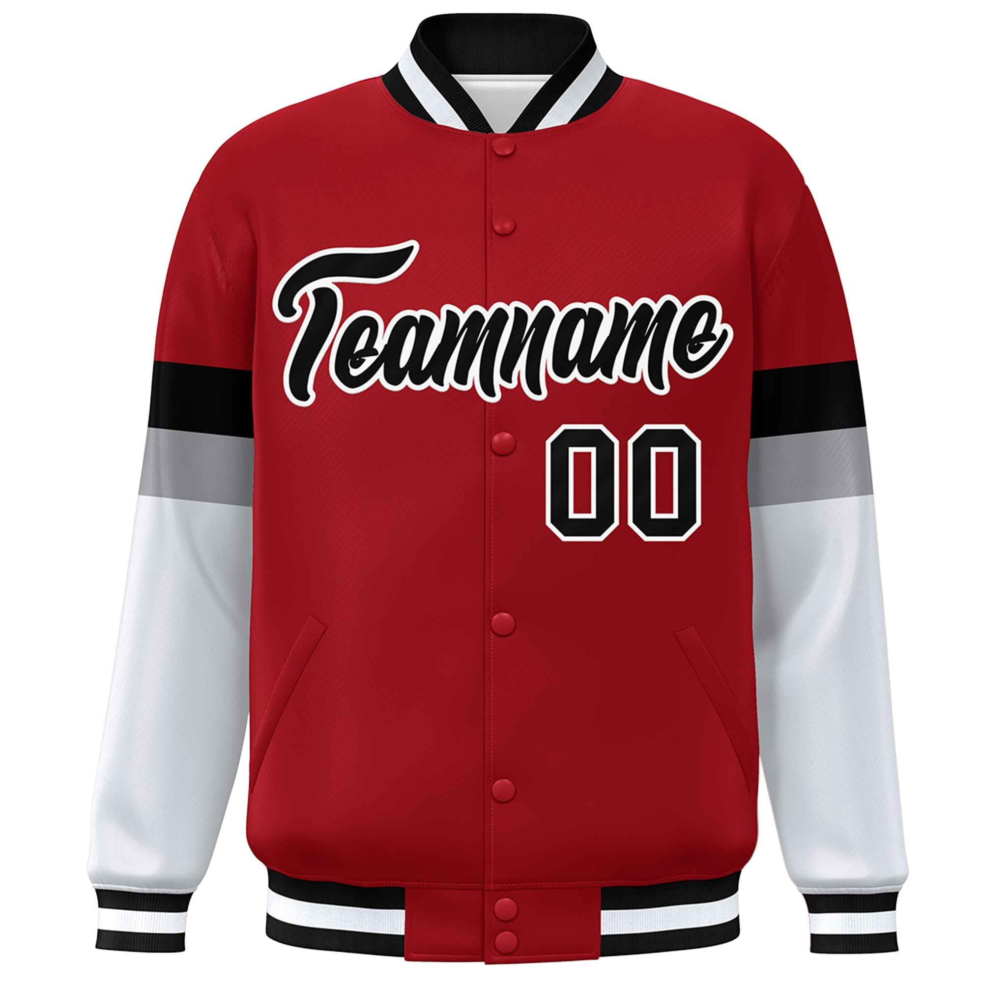 Custom Red Black-White Color Block Bomber Varsity Full-Snap Baseball Jacket