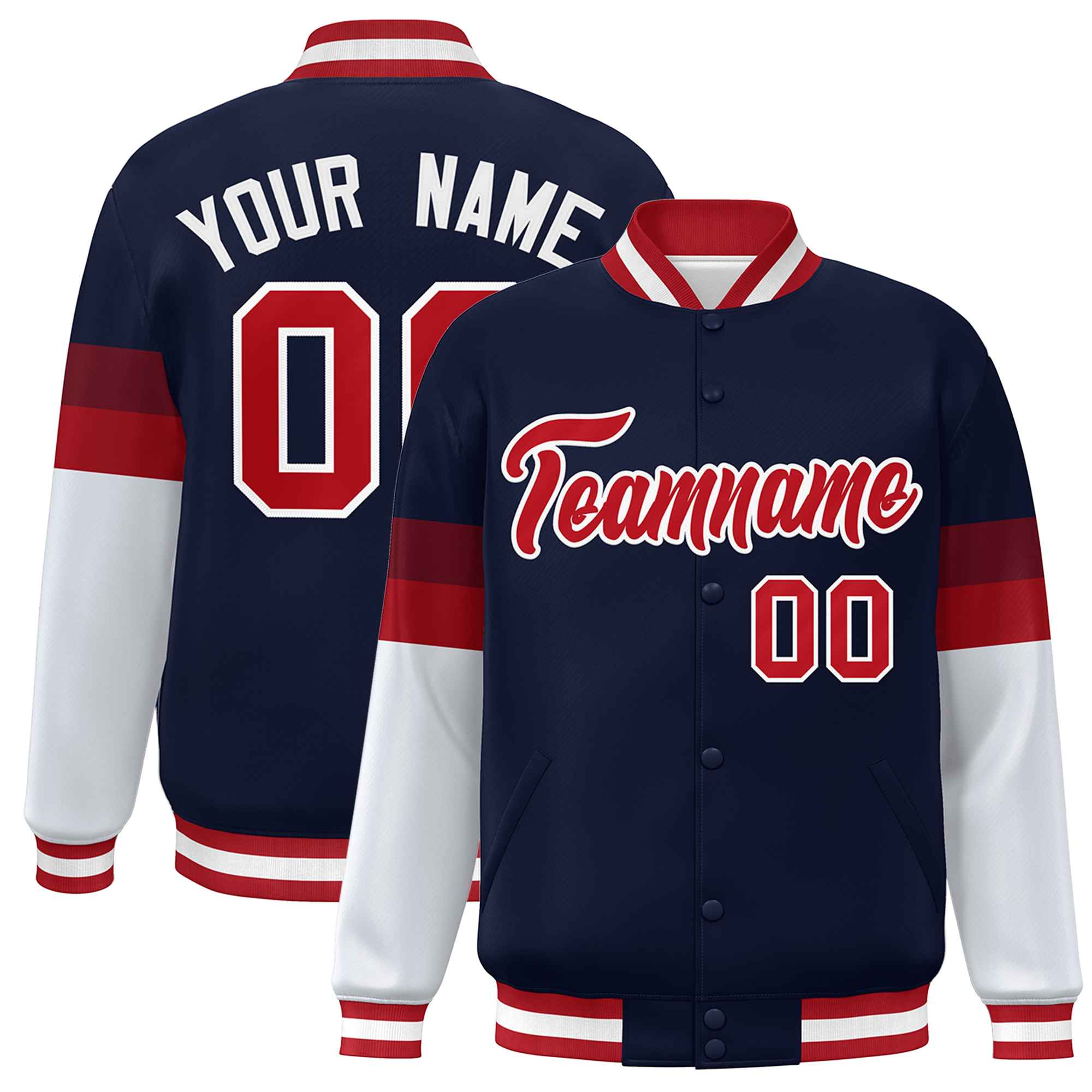 Custom Navy Red-White Color Block Bomber Varsity Full-Snap Baseball Jacket