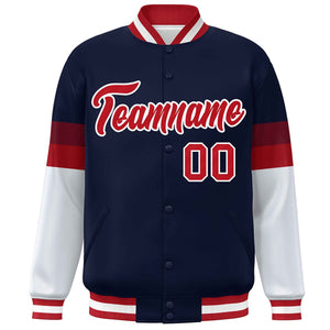 Custom Navy Red-White Color Block Bomber Varsity Full-Snap Baseball Jacket