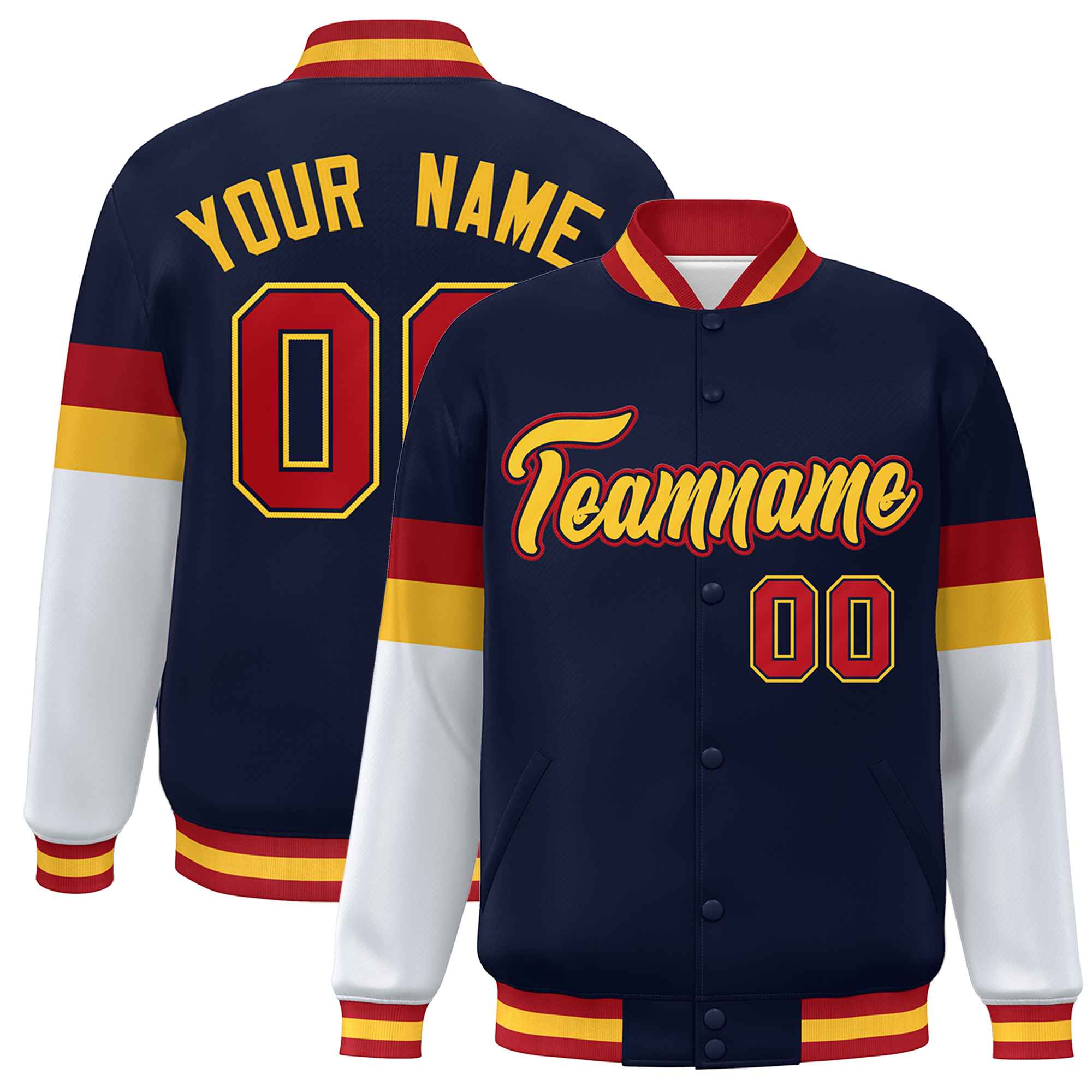 Custom Navy Gold-Red Color Block Bomber Varsity Full-Snap Baseball Jacket