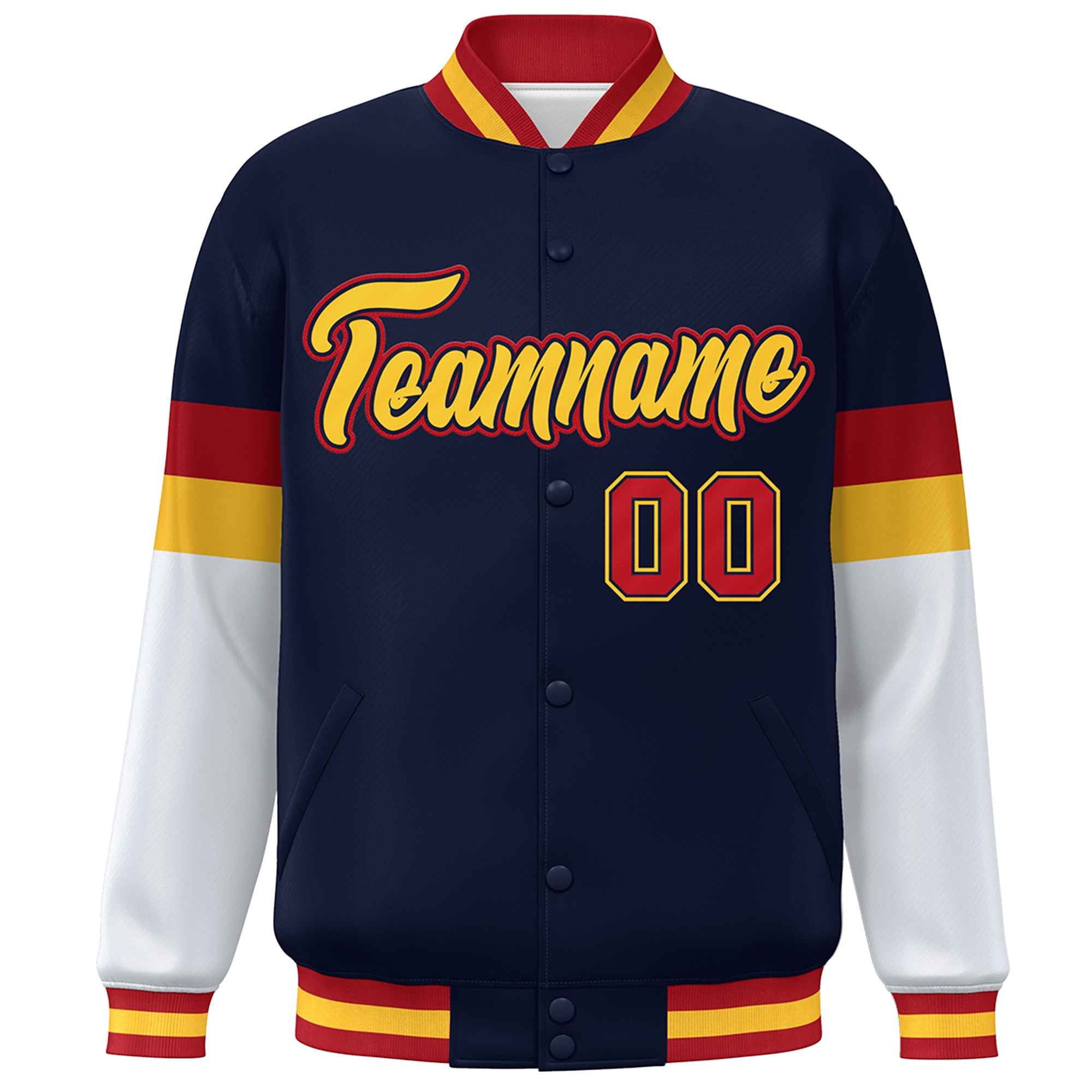 Custom Navy Gold-Red Color Block Bomber Varsity Full-Snap Baseball Jacket