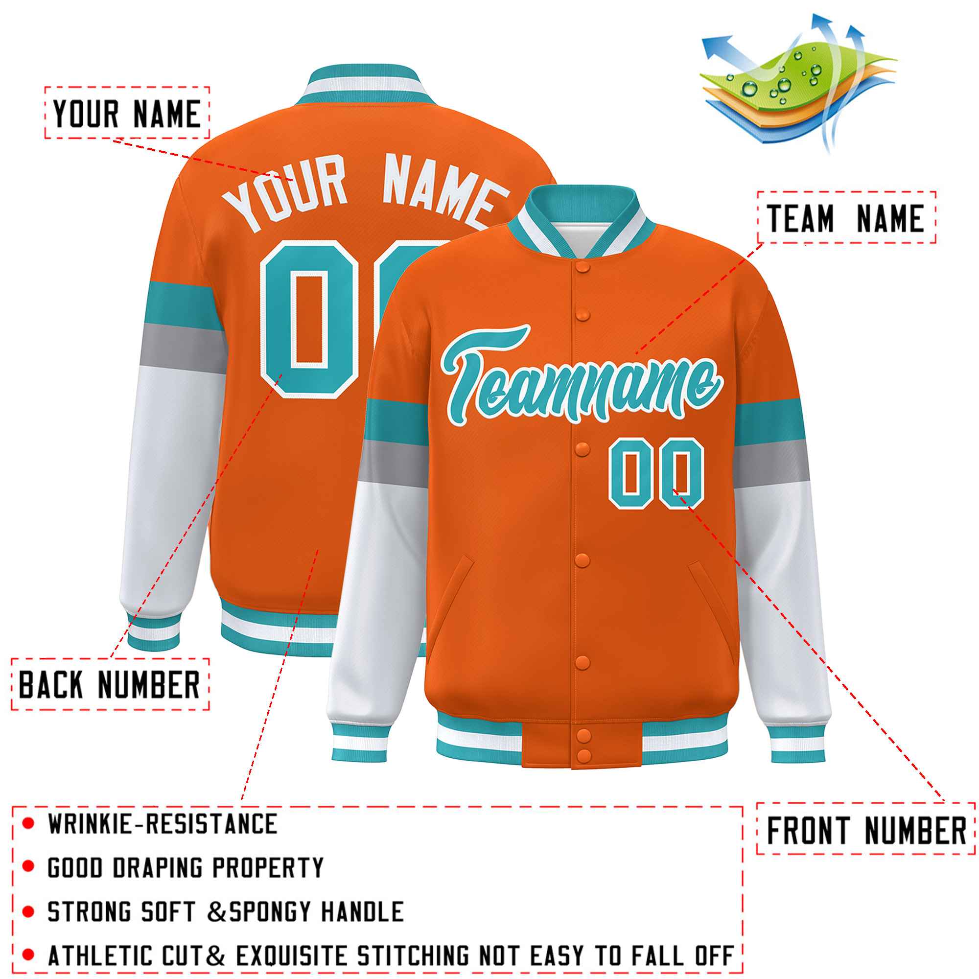 Custom Orange Aqua-White Color Block Bomber Varsity Full-Snap Baseball Jacket