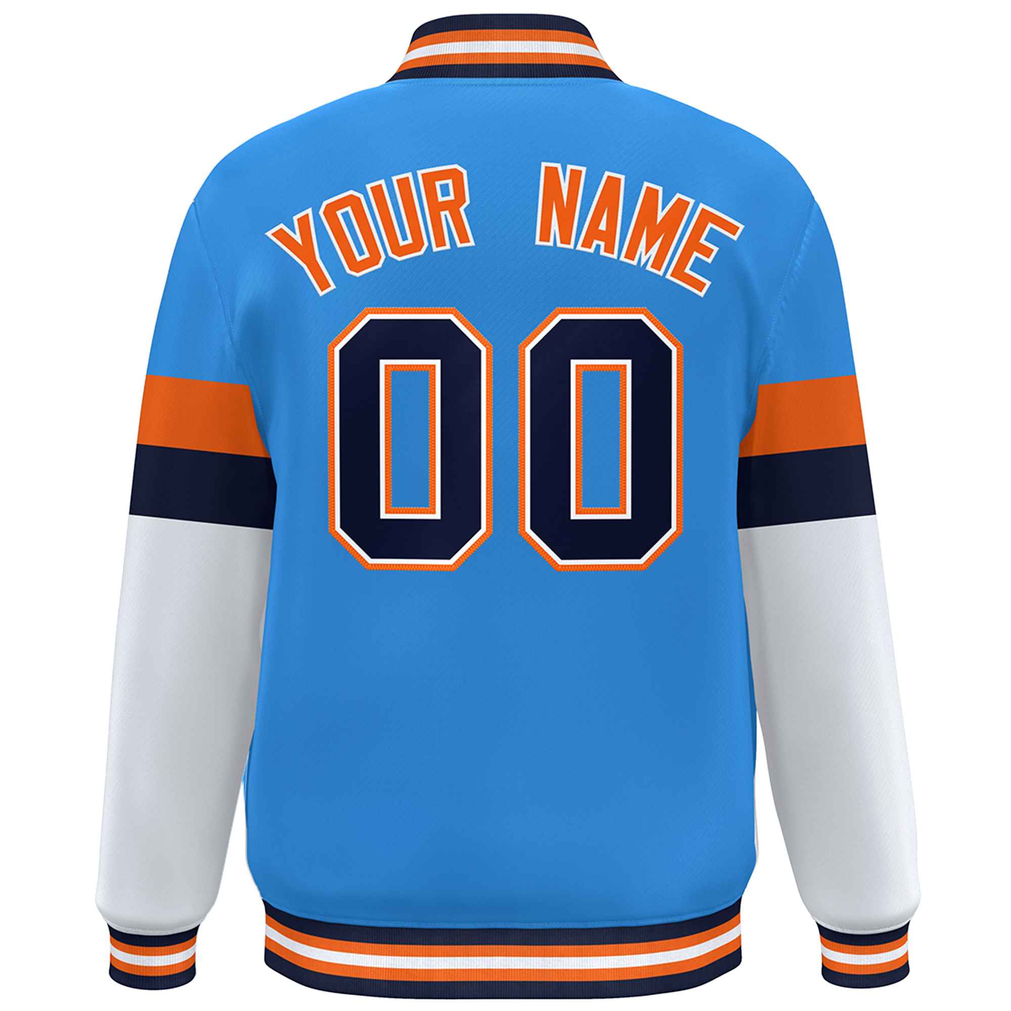 Custom Powder Blue Navy-Orange Color Block Bomber Varsity Full-Snap Baseball Jacket