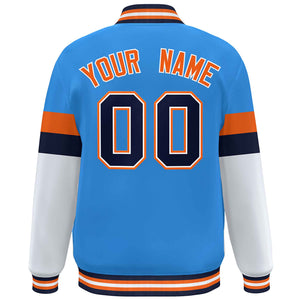 Custom Powder Blue Navy-Orange Color Block Bomber Varsity Full-Snap Baseball Jacket