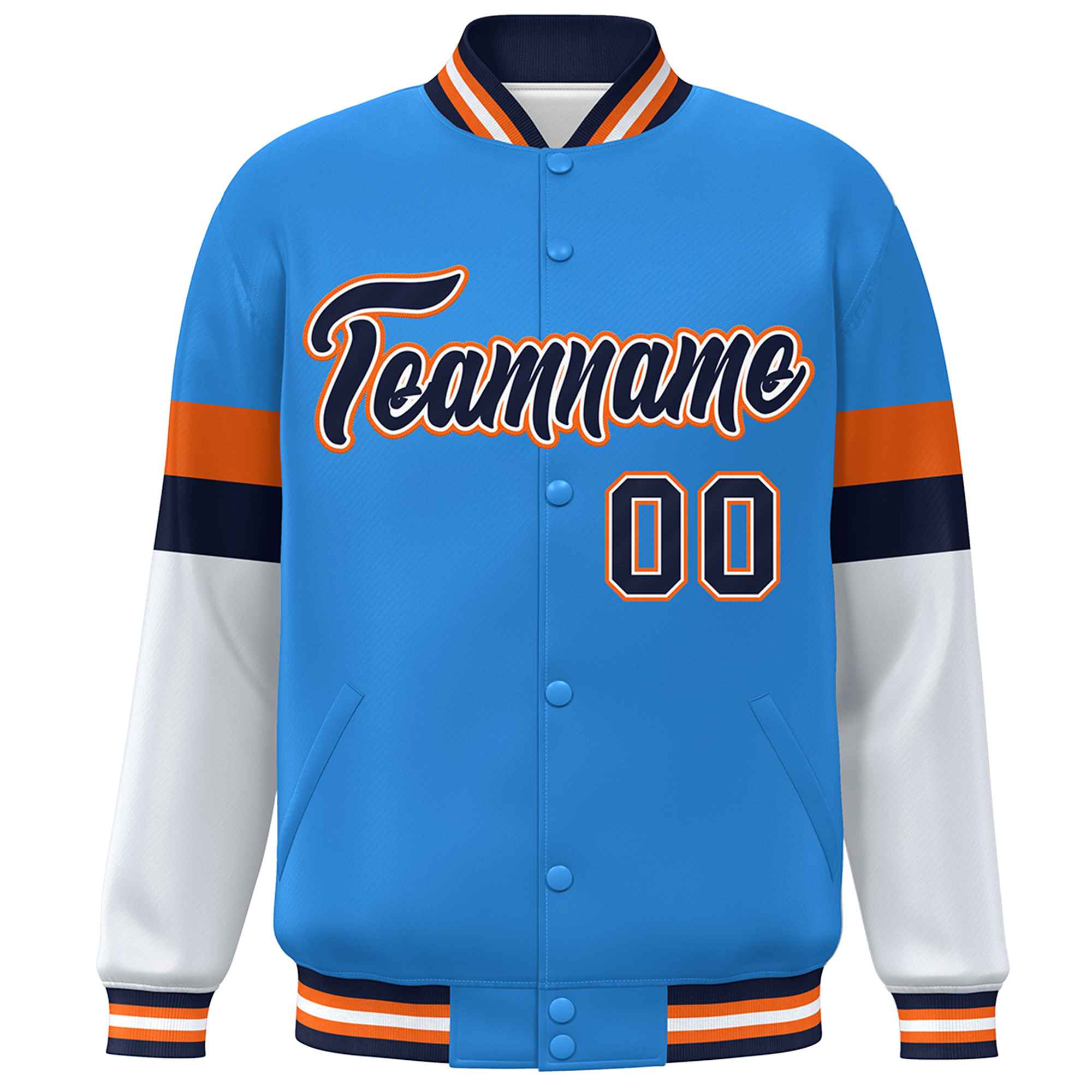 Custom Powder Blue Navy-Orange Color Block Bomber Varsity Full-Snap Baseball Jacket