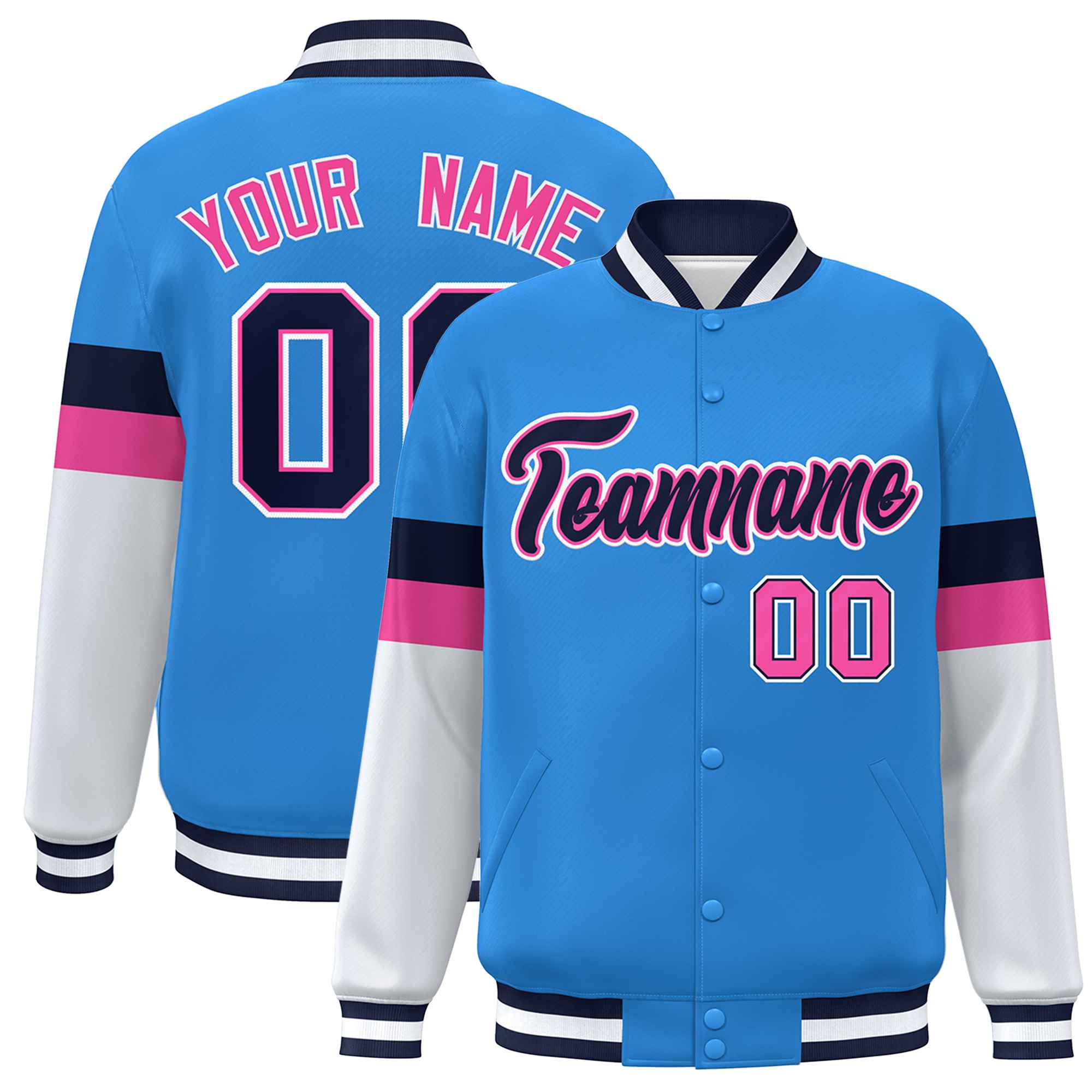 Custom Powder Blue Navy-White Color Block Bomber Varsity Full-Snap Baseball Jacket