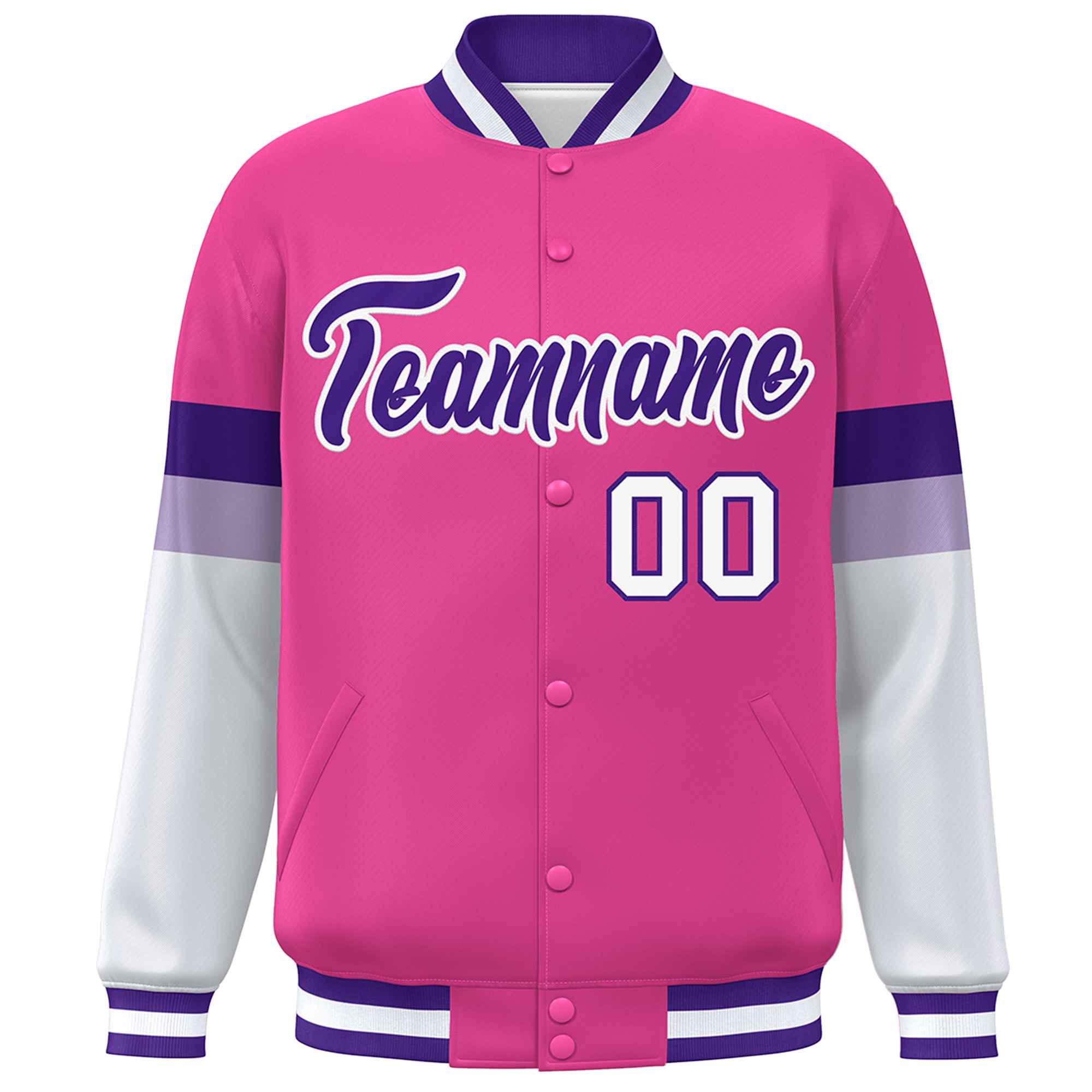 Custom Pink Purple-White Color Block Bomber Varsity Full-Snap Baseball Jacket