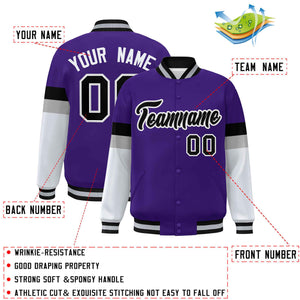 Custom Purple Black-White Color Block Bomber Varsity Full-Snap Baseball Jacket